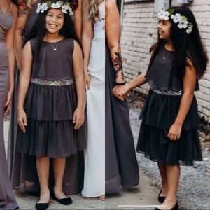 Little girl’s formal gray dress with silver belt